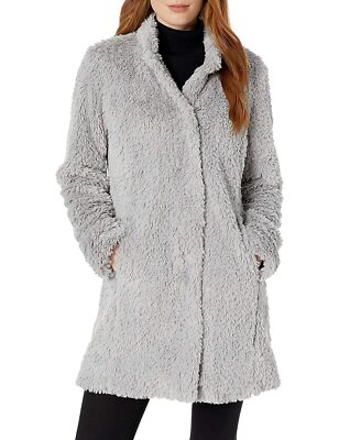 KENNETH COLE Light Silver Soft Shaggy Faux Fur Snap Button Long Coat SMALL 4/6