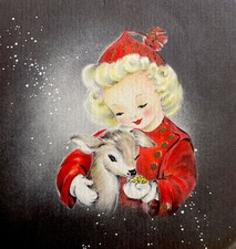 Nuevo de Lote Antiguo Tarjeta de Navidad Niña Bonita Bebé Ciervo Alimentación a Mano Noche Nieve De Colección SIN USAR Sello
