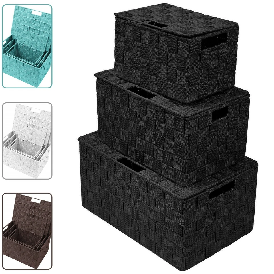 Paquete de 3 cajas de almacenamiento con tapa para armario y estantes - organizador de cesta de tela tejida Foto 3 de 4