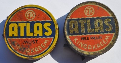 1930s Estonia ATLAS Scarce Shoe Boot Polish Tin Set of Two Boxes BLACK & BROWN