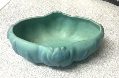 Vintage VAN BRIGGLE Art Pottery Tulip Bowl Vase Turquoise Aqua Ming Blue