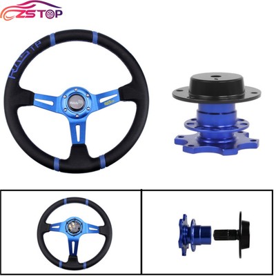 14''Racing Car Deep Dish Drifting Steering Wheel+Blue Quick Release Adapter