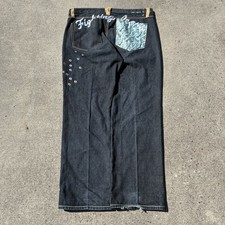 Artful Dodger Jeans Mens 42 Baggy Embroidered Bullet Holes Distressed Flip Cuffs