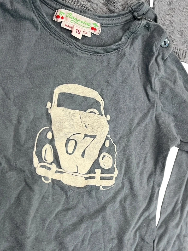 BONPOINT BABY МАЛЬЧИКОВ 18 МЕСЯЦЕВ СМЕШАННЫЙ ЛОТ ГРАФИЧЕСКИЙ ФУТБОЛКА БРЮКИ СВИТЕР СИНИЙ СЕРЫЙ - Изображение 4 из 4