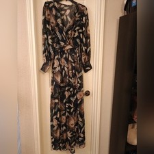 Women's Fashion Nova Leaf Print Long Sleeve Lined Slit Dress Size XL