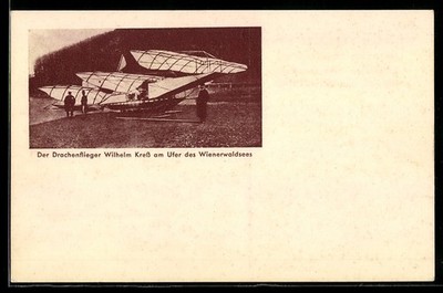 Drachenflieger Wilhelm Kreß am Ufer des Wienerwaldsees, Ansichtskarte 