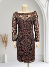 TADASHI SHOJI Metallic Bronze Sequin Lace Overlay Black Lining Cocktail Dress 6
