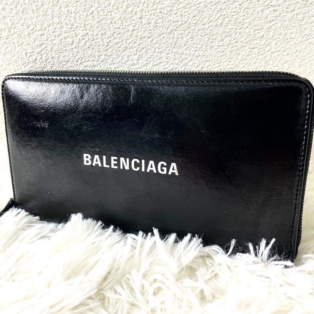 Balenciaga Round Zipper Long Wallet Black Leather