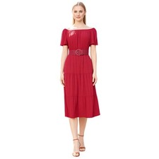 NY Collection Red Tiered Short Flutter Sleeve Midi Dress