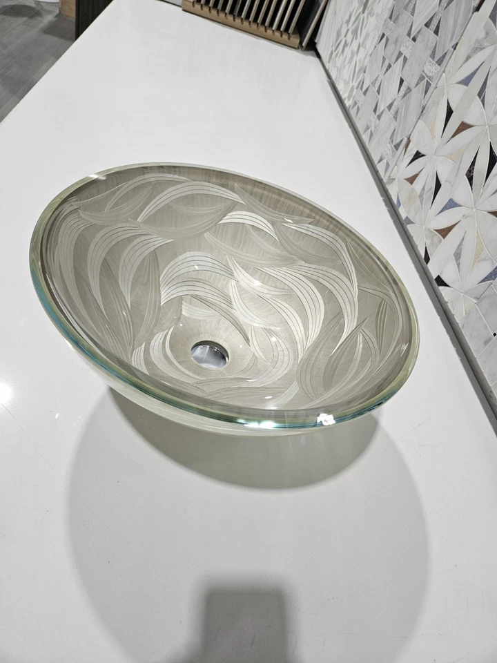 Recipiente de vidrio transparente lavabo de baño cuenco redondo borde verde con grifo y desagüe Foto 2 de 4