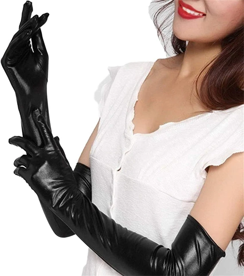 Guantes para mujer de imitación de cuero aspecto húmedo hasta el codo Foto 2 de 4