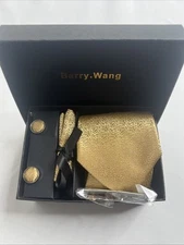 Barry.Wang Men Tie Set Paisley Silk Necktie Pocket Square Yellow Gold