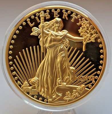 GIGANT-MEDAILLE: 20 DOLLARS 1907 DOUBLE EAGLE, Cu vergoldet, RELIEF! PP, COA C34