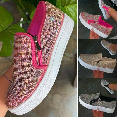 Ladies Glitter Loafers Pumps Women Casual Slip On Flat Trainers Sneakers Shoes
