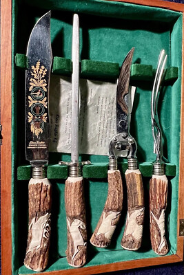 Klaus Tragbar Carved Antler Handle Knife Set VTG Solingen Germany