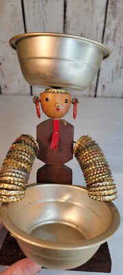 Vintage Folk Tramp Art Americana Bottle Cap Figure with Two Bowls