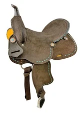 14", 15" Double T  Barrel style horse saddle with Teal buckstitch accents