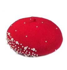Women Girls Beaded Pearl Rhinestone Wool French Beret Hat Winter Artist Paint...