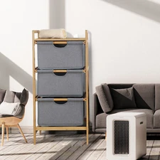 37.8" 3-Tier Bamboo Laundry Bins Shelf with 3 Pull Out Drawers Fabric Baskets US