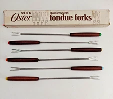 Vtg MCM Set/6 Oster Fondue Forks Stainless Steel Teak Handle Color Coded w/Box