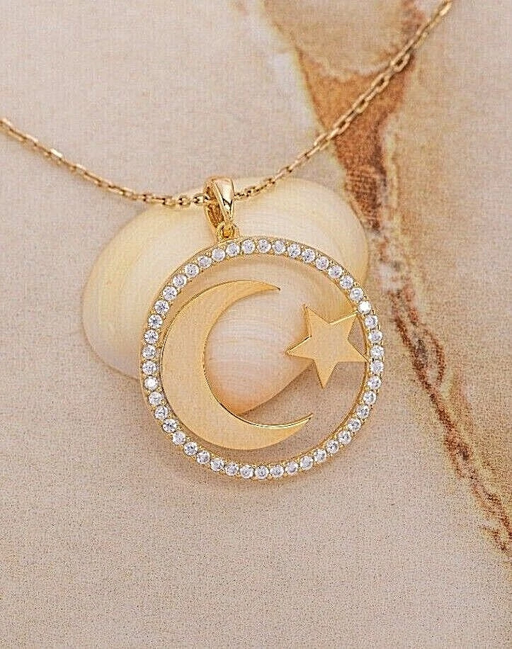 Collar Estrella Luna Oro Sólido 14K, Collar Oro Estrella Luna Dije Foto 2 de 4