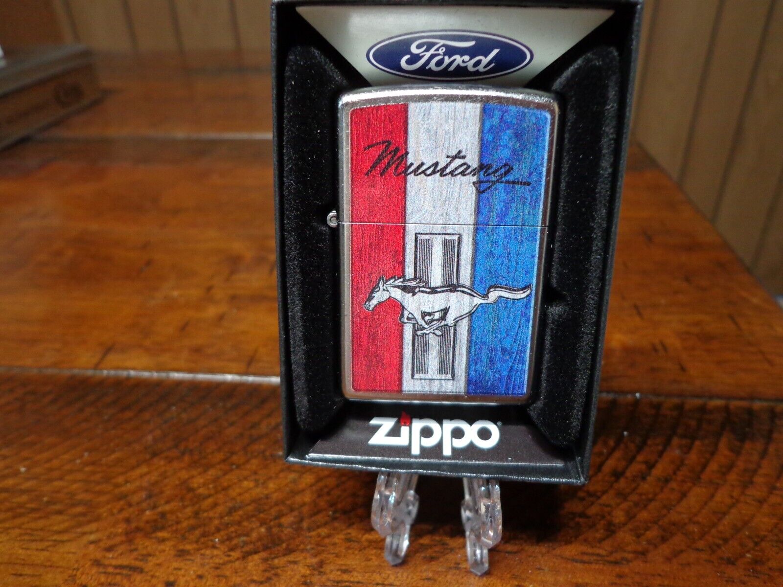 FORD MUSTANG LOGO RED WHITE & BLUE DESIGN ZIPPO LIGHTER MINT IN BOX. Available Now for 28.95