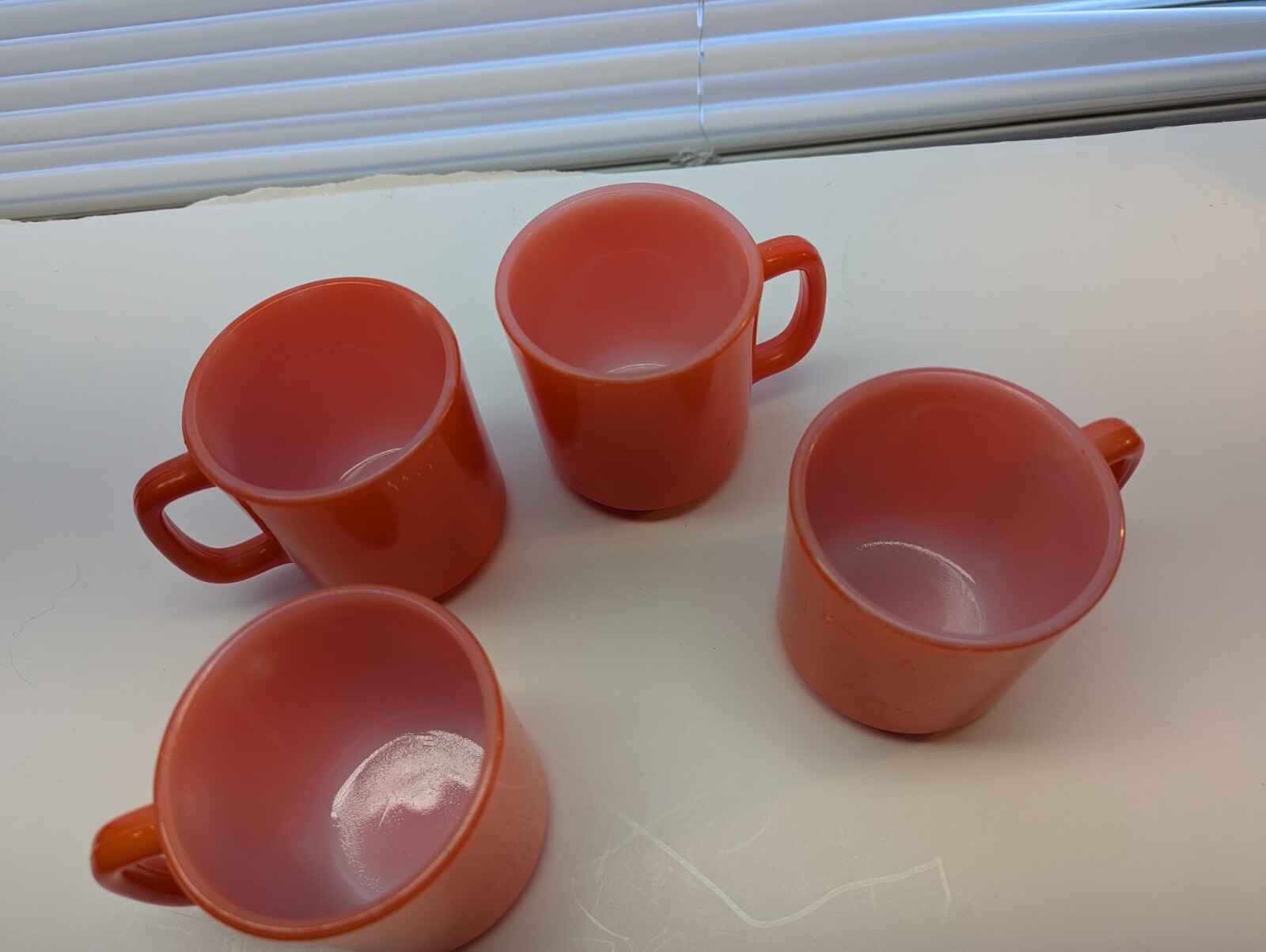 LOT OF 4 Vintage ORANGE Glass Bake Mug Retro Coffee Cup D Handle Drink 8 0z