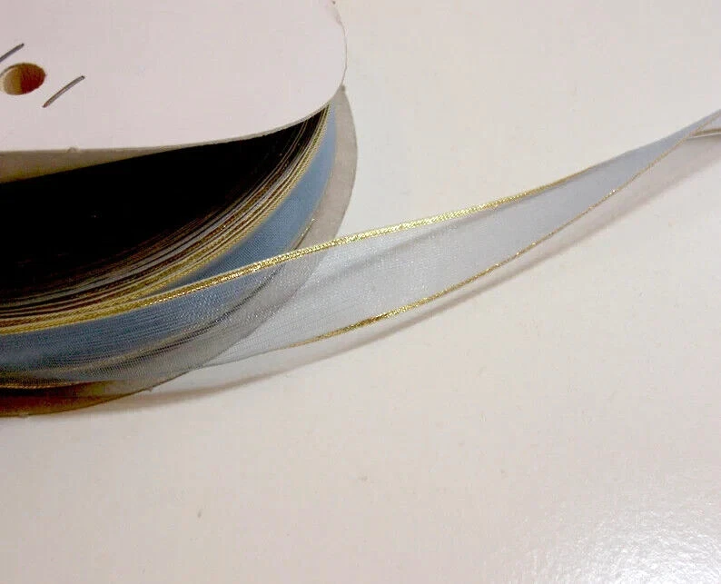 Sheer Light Blue Organza Ribbon 5/8" x 10 yards Metallic Gold Edge Schiff B19 - Image 4 of 4