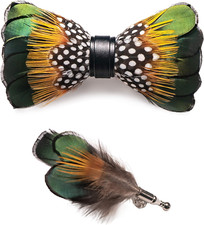 Handmade Feather Pre-Tied Bow Tie and Brooch Sets for Men