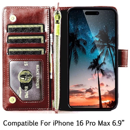 Pour iPhone 16 Pro Max Plus Étui Faux Cuir Portefeuille Carte ID Fermeture Éclair Porte Monnaie - Photo 12 sur 34