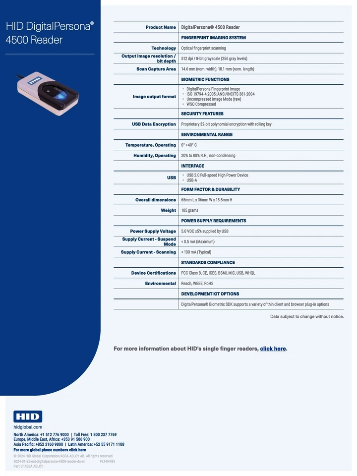HID DigitalPersona 4500 Excellent Image Quality 512 DPI USB Fingerprint Reader - Image 3 of 3