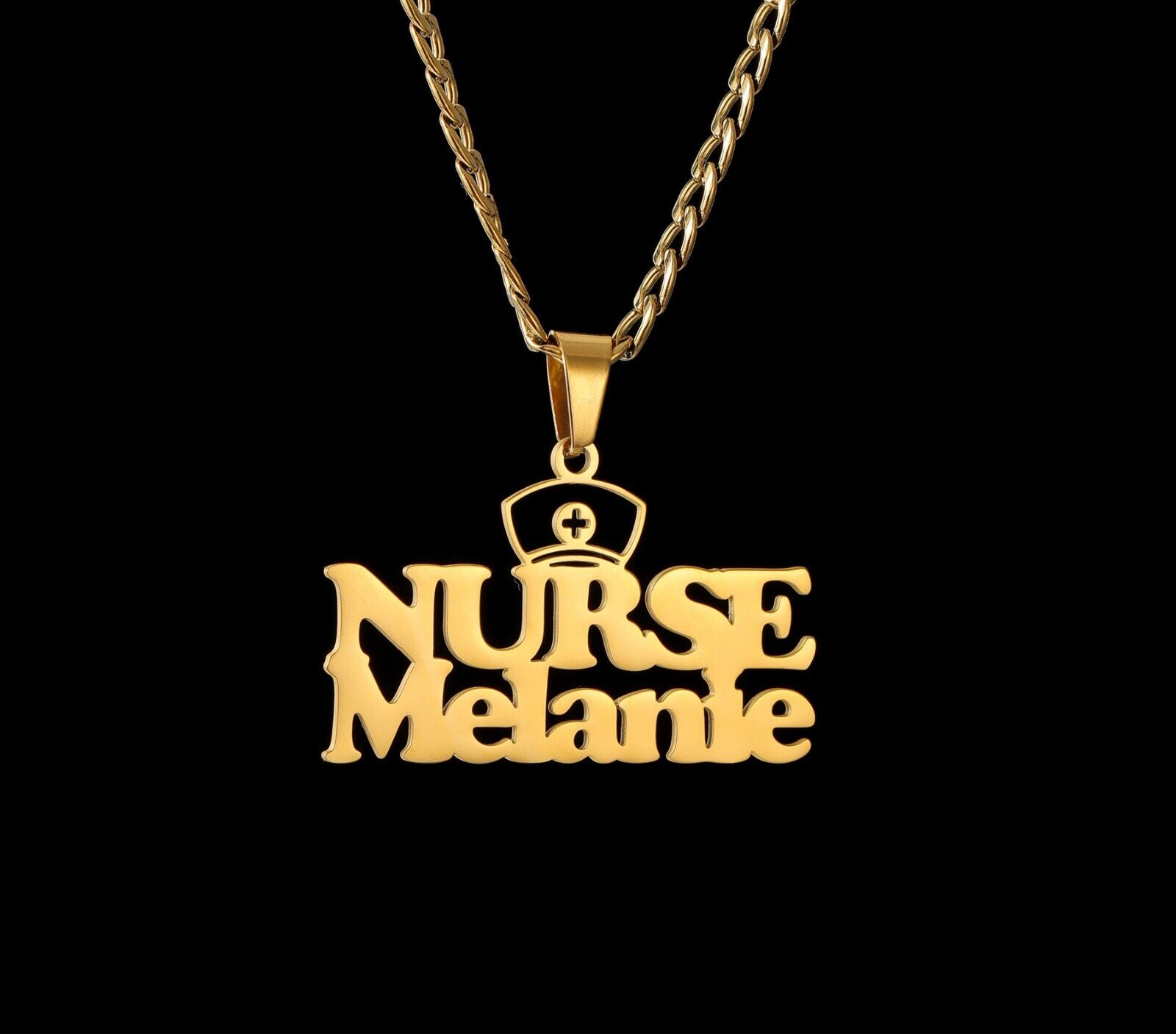 Custom Name Nurse Hat Pendant Gift Necklace Stainless Steel Cuban Chain Jewelry