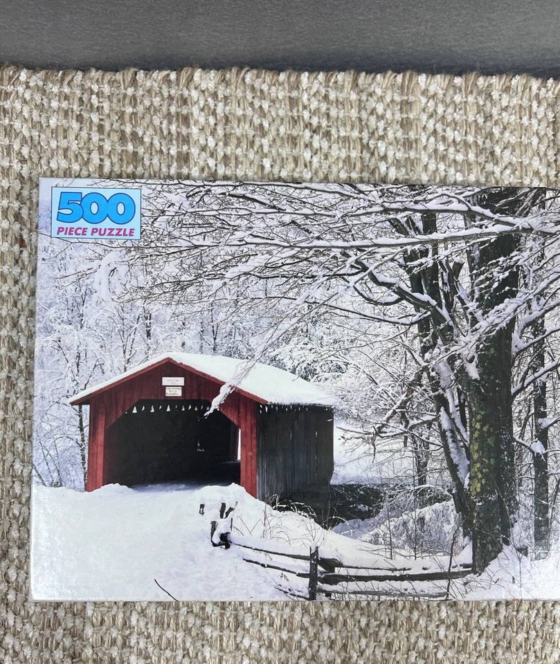 2 винтажных золотистых взаимосвязанных пазла из 500 предметов мост, покрытый снегом зимой - Изображение 2 из 4