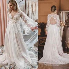 Boho Wedding Dresses V-Neck Long Sleeve Corset A-Line Lace Applique Bridal Gown
