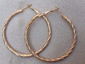 Authentic Great Yellow Gold Plated Nice Twisted Texture 1.75" Round Hoop Earrings