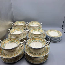 Myott Staffordshire Sussex #4446 Double Handled Soup Bowls, Underplates & Bread 