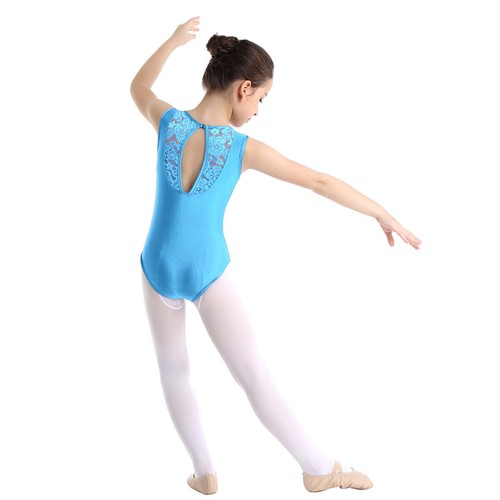 Kids Girls Sleeveless Turtle Neck Lace Back Ballet Dance Gym Leotard Jumpsuit - Picture 99 of 134