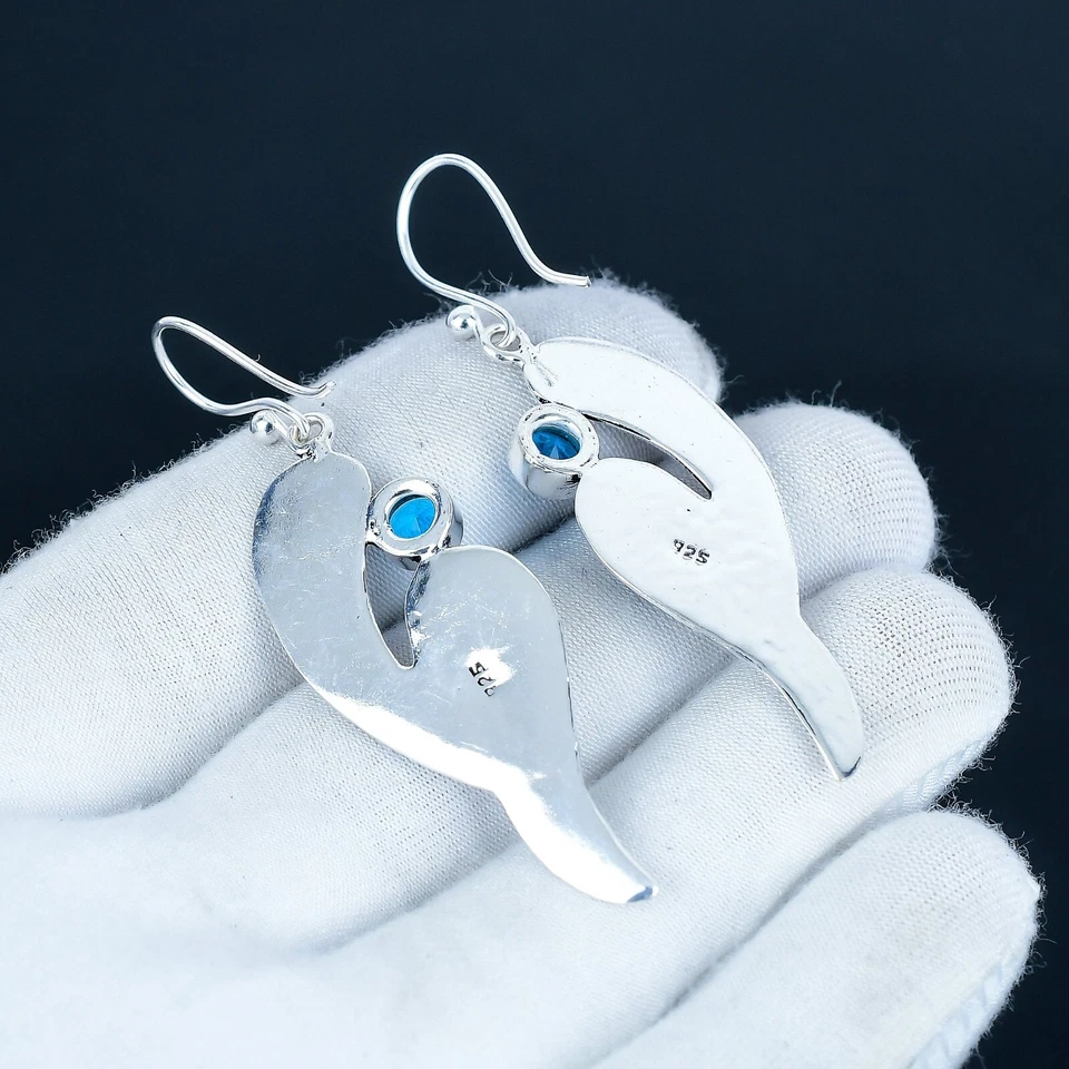 Unico Topazio Blu Gemma a Mano Orecchini 925 Argento Sterling Gioielli Regali - Immagine 4 di 4