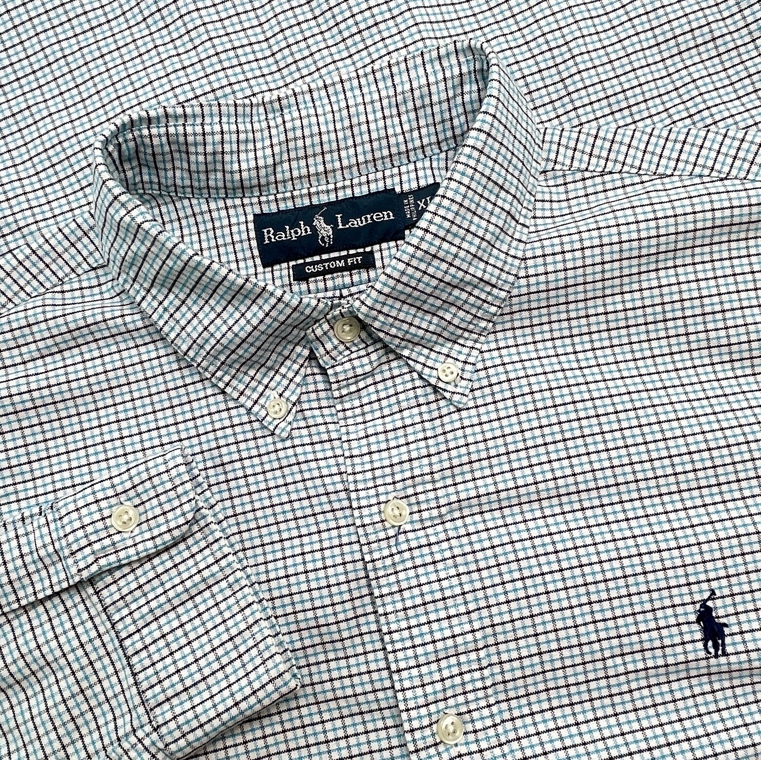 Camicia vintage Ralph Lauren uomo XL blu finestra manica lunga a quadri pony