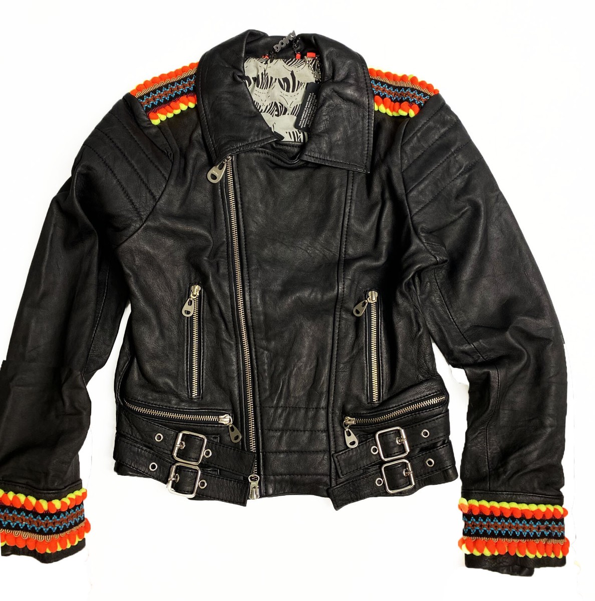 Doma Women's Mexico Embroidered Genuine Leather Zip Crop Jacket