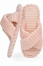 Women  s size 9  10 slippers Light Pastel Salmon Pink crisscross Plush open toe
