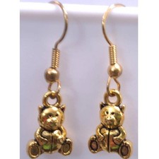 New Teddy Bear Drop Earrings Gold Tone 2 Sided Sitting Animal Charm Dangle Gift