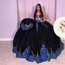 Black Strapless Quinceanera Ball Gown Blue Floral Appliques Tulle Sweet 16 Dress