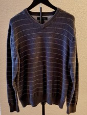 TOMMY HILFIGER MENS SWEATER-V NECK-SIZE L-GREY WITH WHITE STRIPES