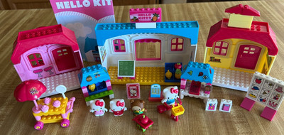 3 Hello Kitty Mega Bloks EUC #10878 Fruit Market, School, Cupcakes, 4 Mini Figs