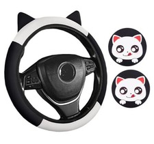 Cartoon Soft Leather Steering Wheel Cover Set Cute Steering Wheel Black