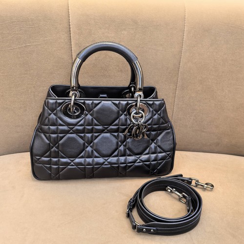 Christian Dior Lady D-Joy Black Handbag Cannage Lambskin Tote Bag Auth M0540