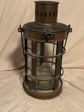 Antique 1900's WEDGE Brass & Glass Nautical Ship Oil Cage Hanging Lantern Lamp