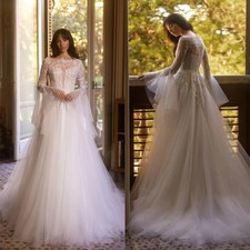 Vintage A-line Flare Sleeve Wedding Dresses Button Beads Sweep Train Bridal Gown