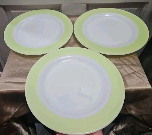 PYREX Lime Green & White DINNER PLATES, 10", Set Of 3, Milk Glass, 1960s, VTG
